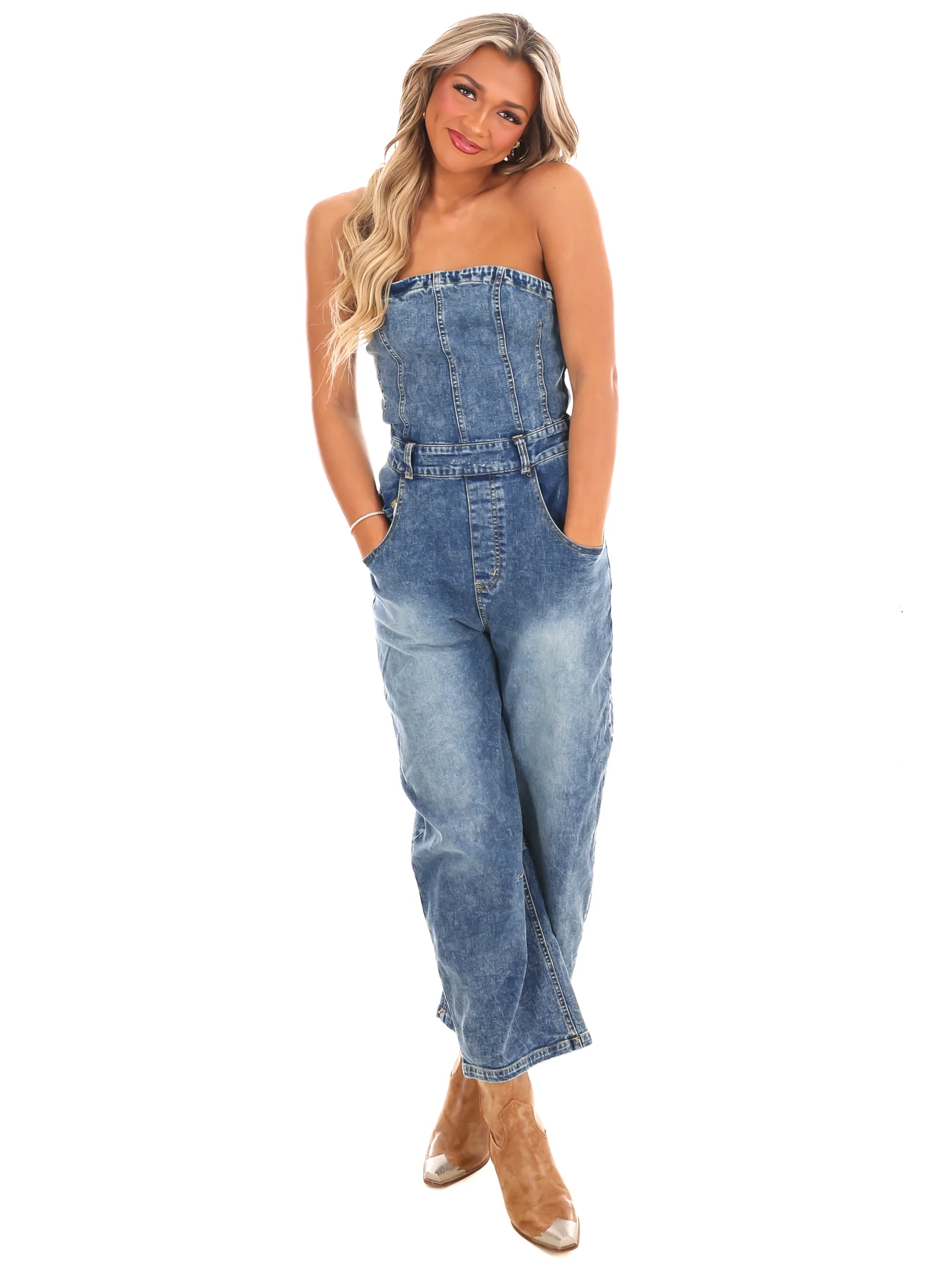 Never Lie Strapless Denim Barrel Jumpsuit - Image 2
