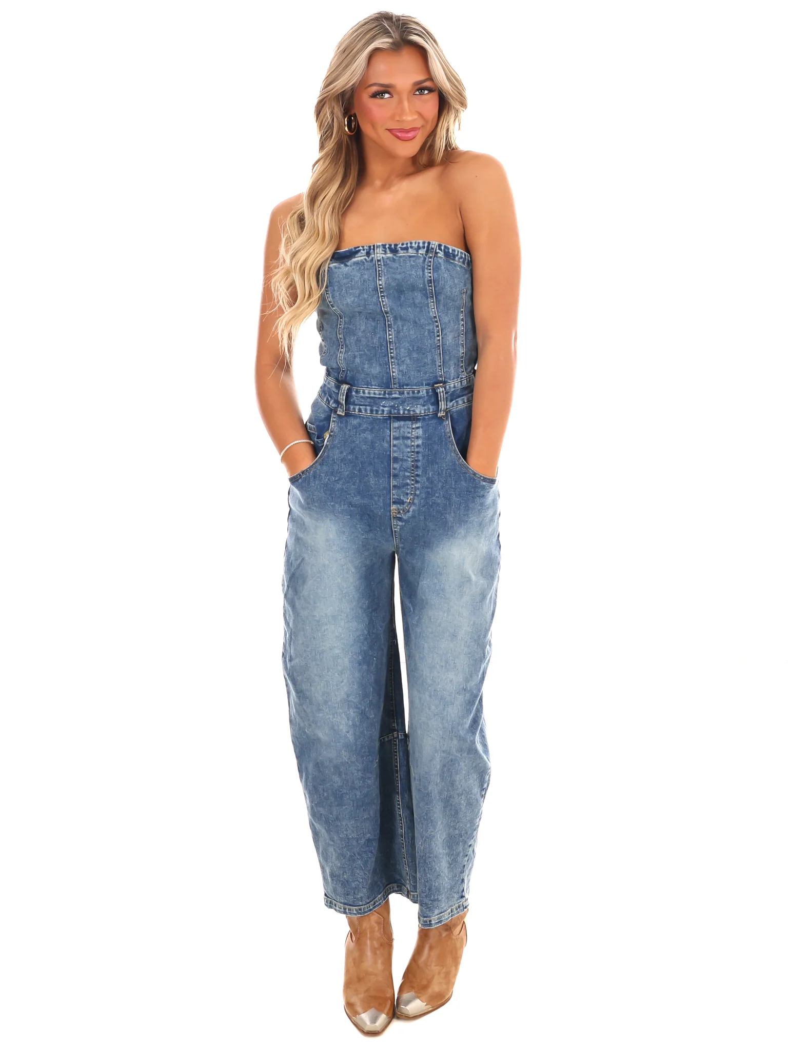 Never Lie Strapless Denim Barrel Jumpsuit - Image 3