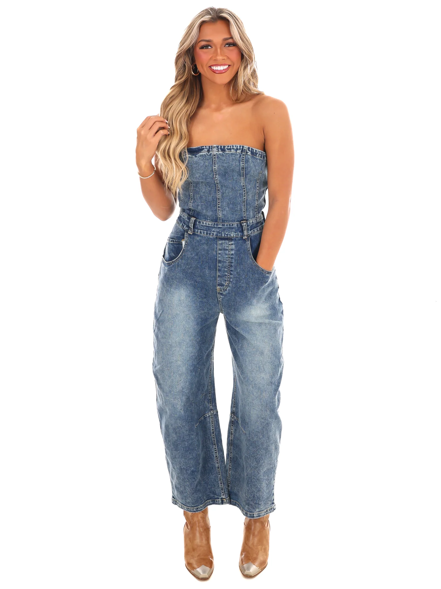 Never Lie Strapless Denim Barrel Jumpsuit - Image 4