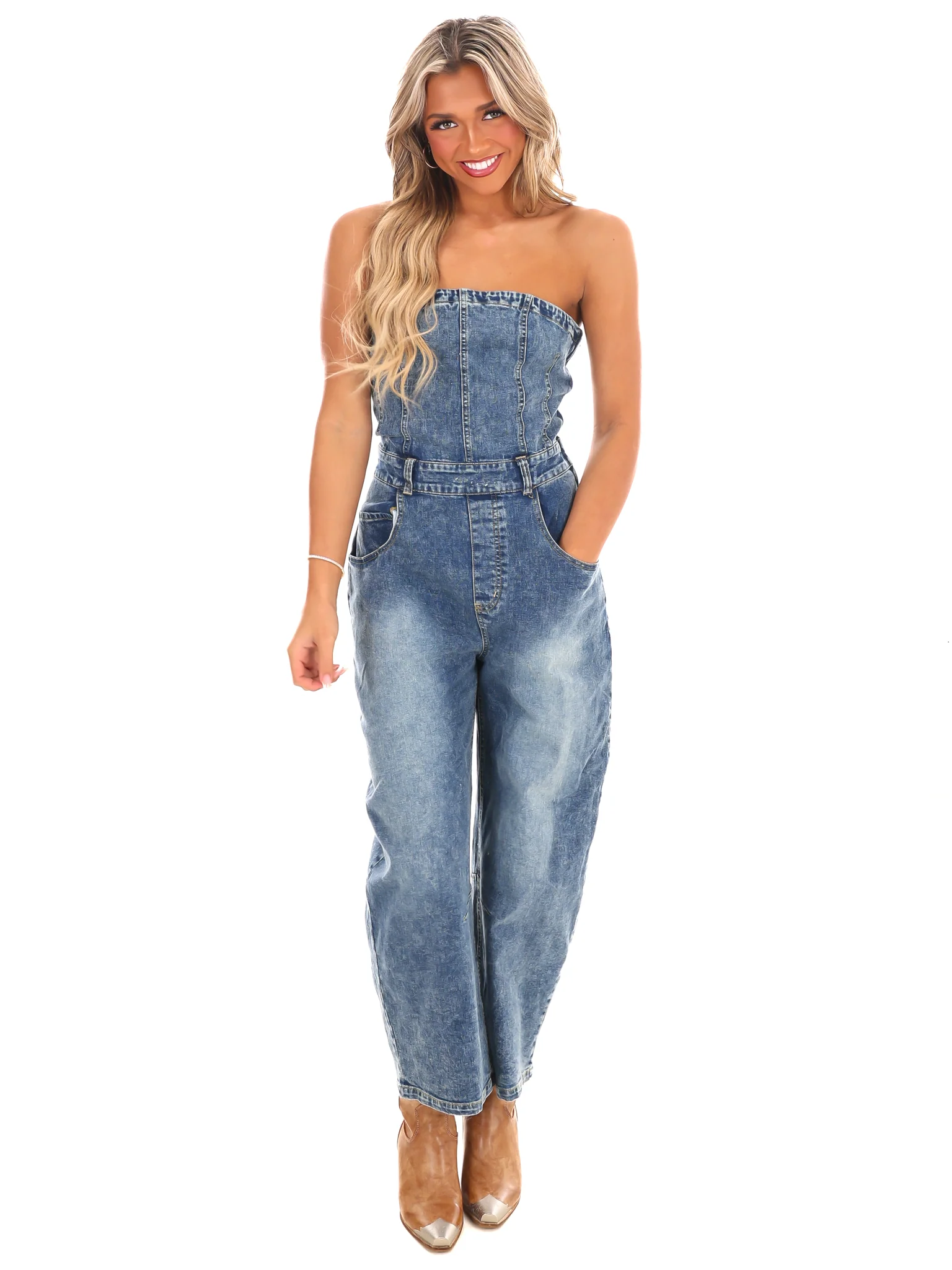 Never Lie Strapless Denim Barrel Jumpsuit - Image 5