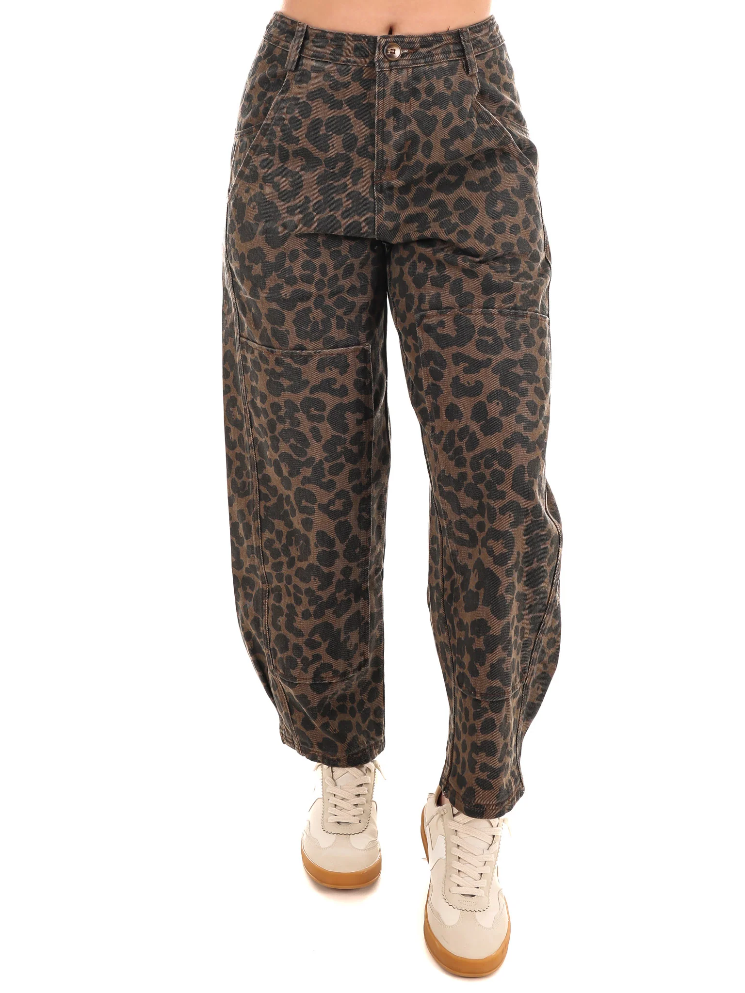 Never Stray Leopard Mid Rise Barrel Jeans