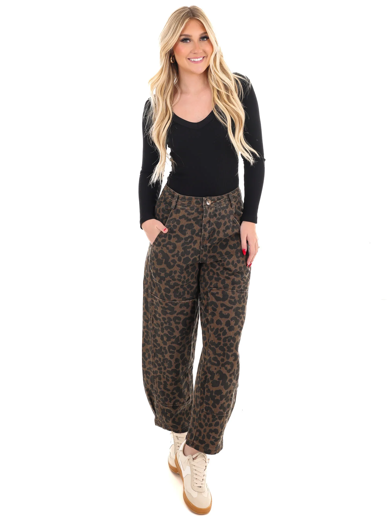 Never Stray Leopard Mid Rise Barrel Jeans - Image 5