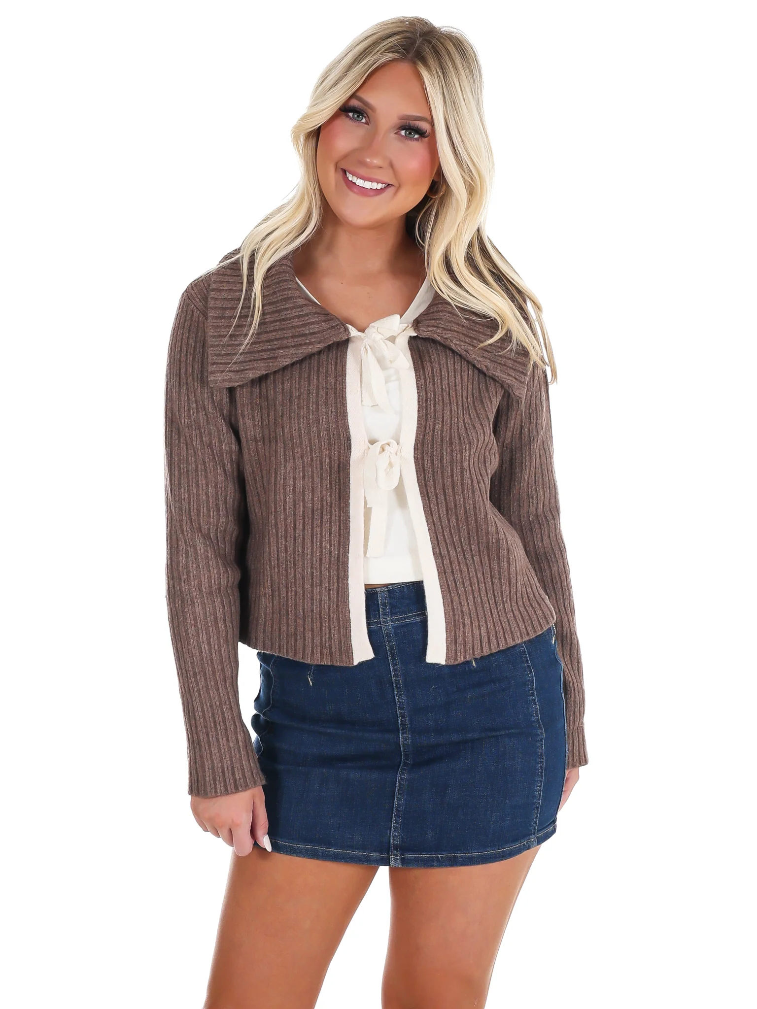 Nostalgic Charm Contrast Bow Ribbed Cardigan - Image 9