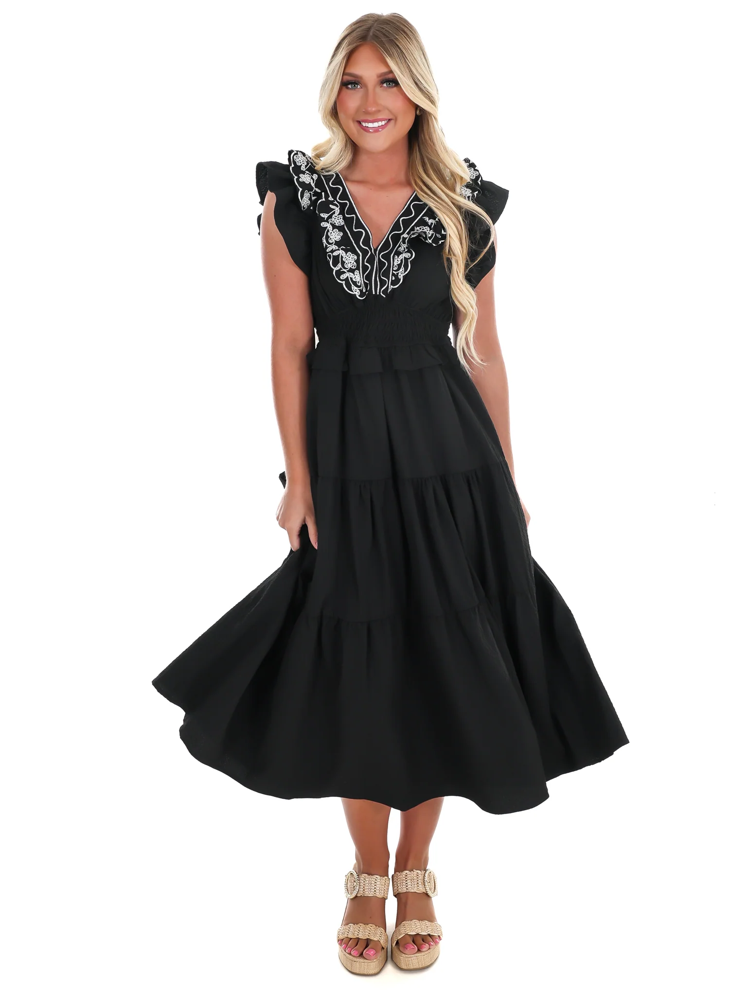 Nothing Perfect Embroidered Tiered Midi Dress