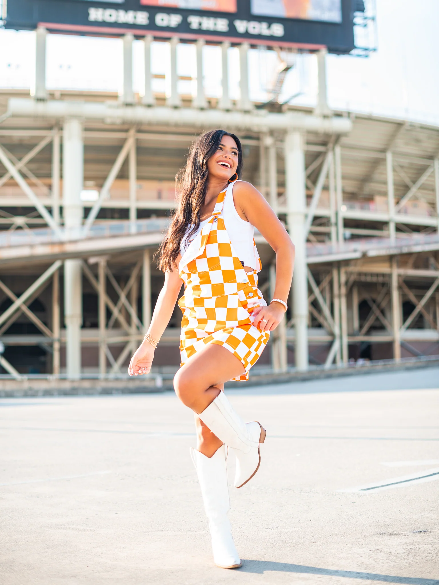 Orange & White Overall Bib Checkerboard Dress - Image 9