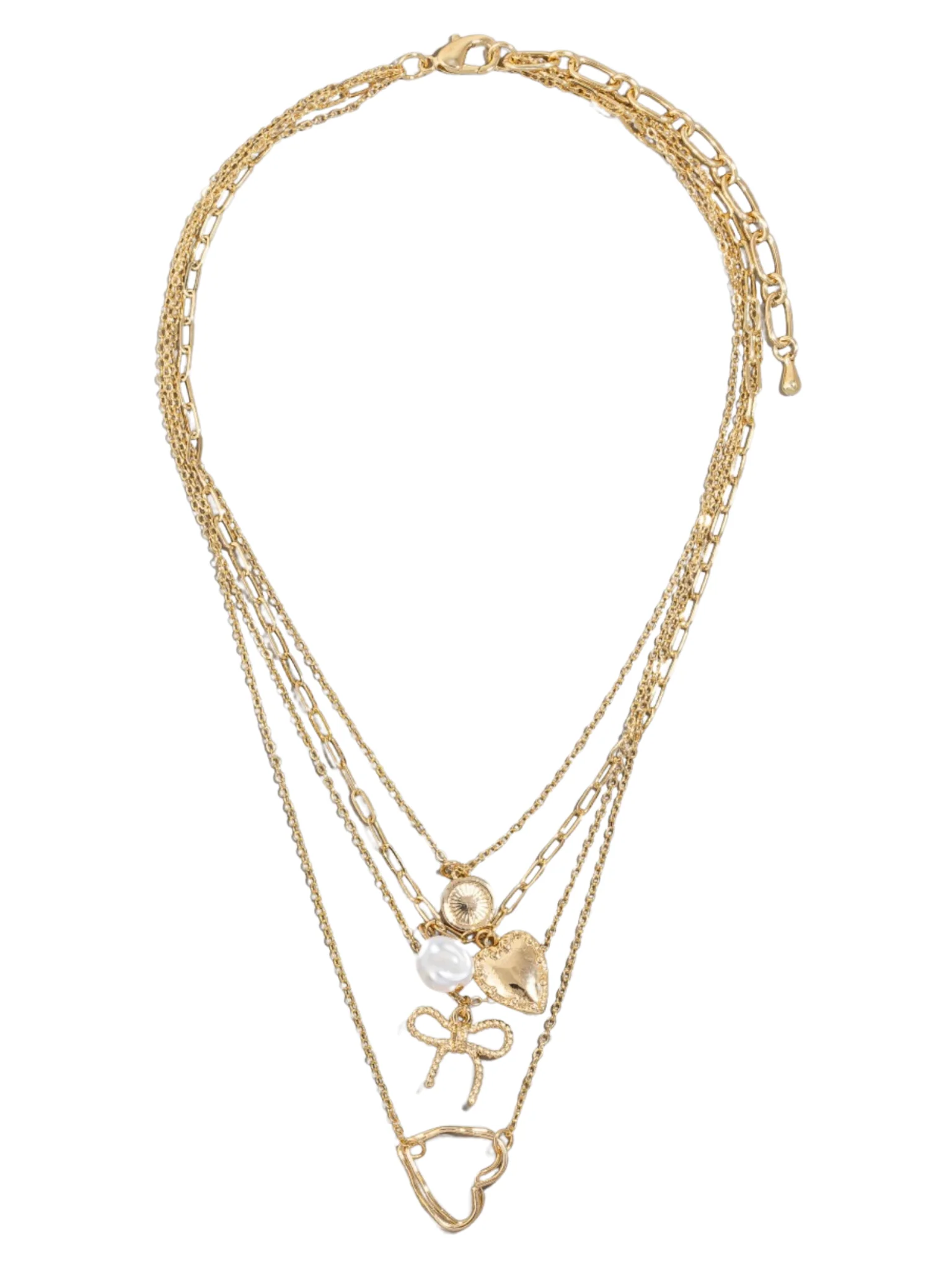 Pearl Heart Ribbon Charms Layered Chains Necklace