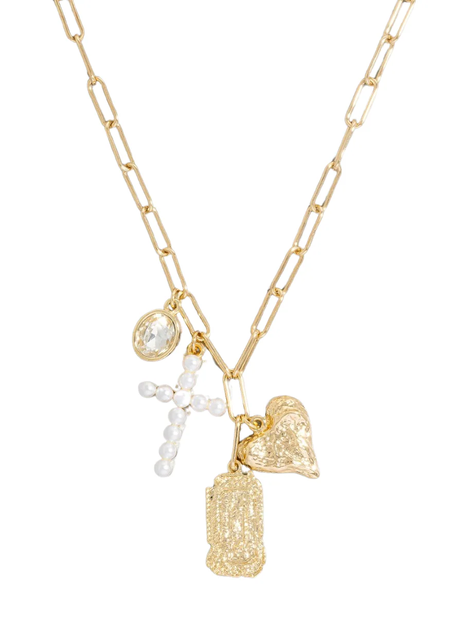 Pearl Pave Cross And Heart Charms Chain Necklace