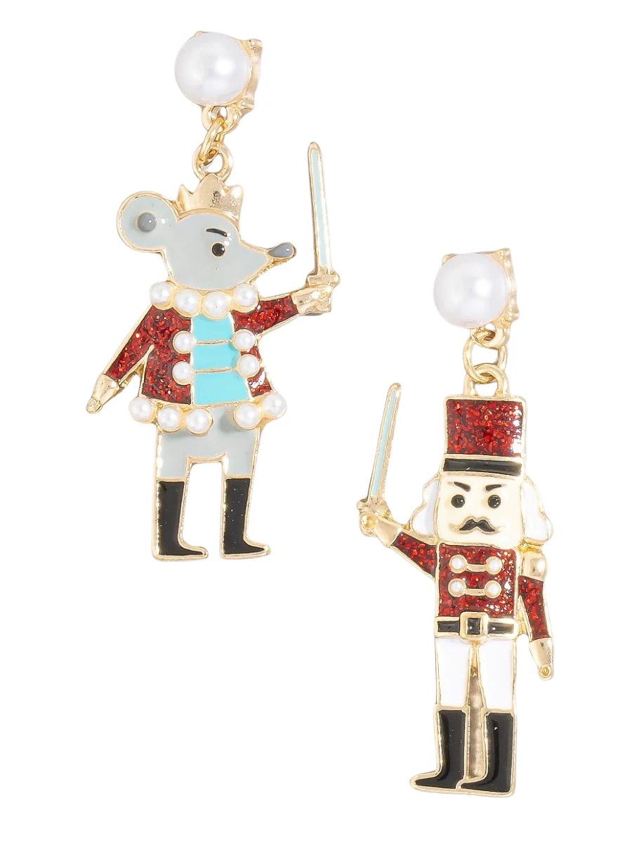 Pearl Stud Glitter Nutcracker Christmas Dangle Earrings