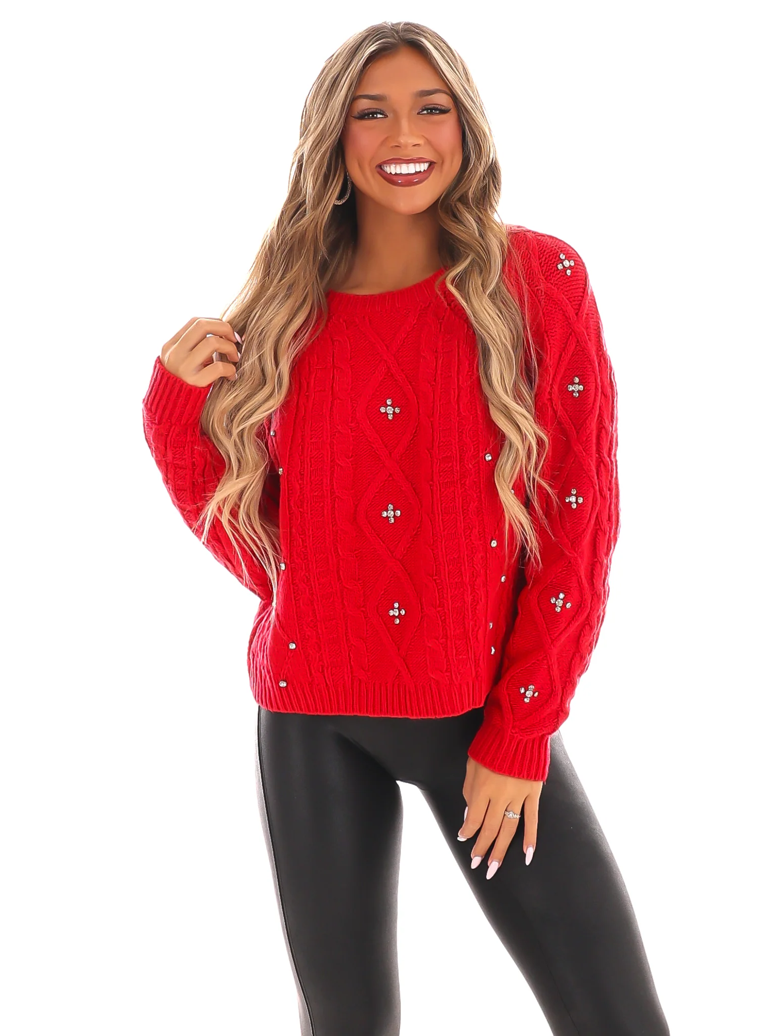 Radiant Rhinestone Cable Knit Sweater - Image 13