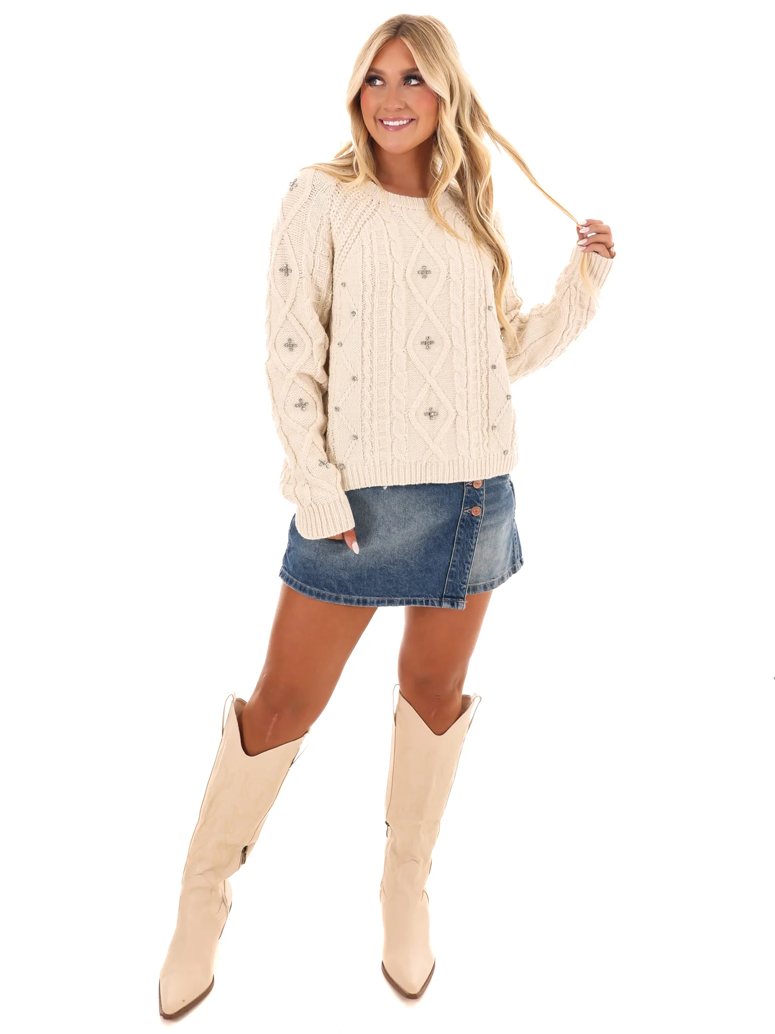 Radiant Rhinestone Cable Knit Sweater - Image 4