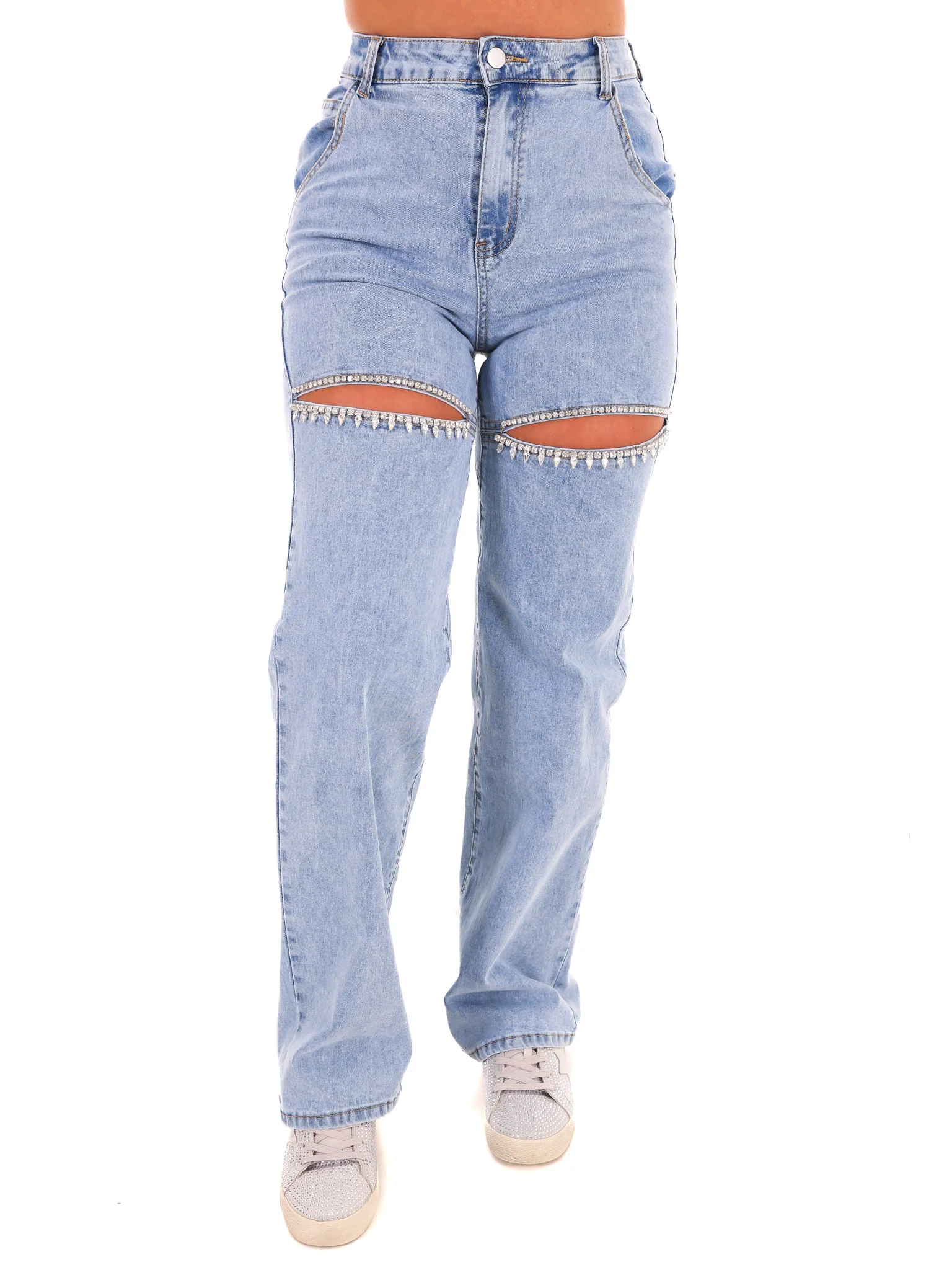 Rhinestone Studded Cut Out Jeans - Image 5