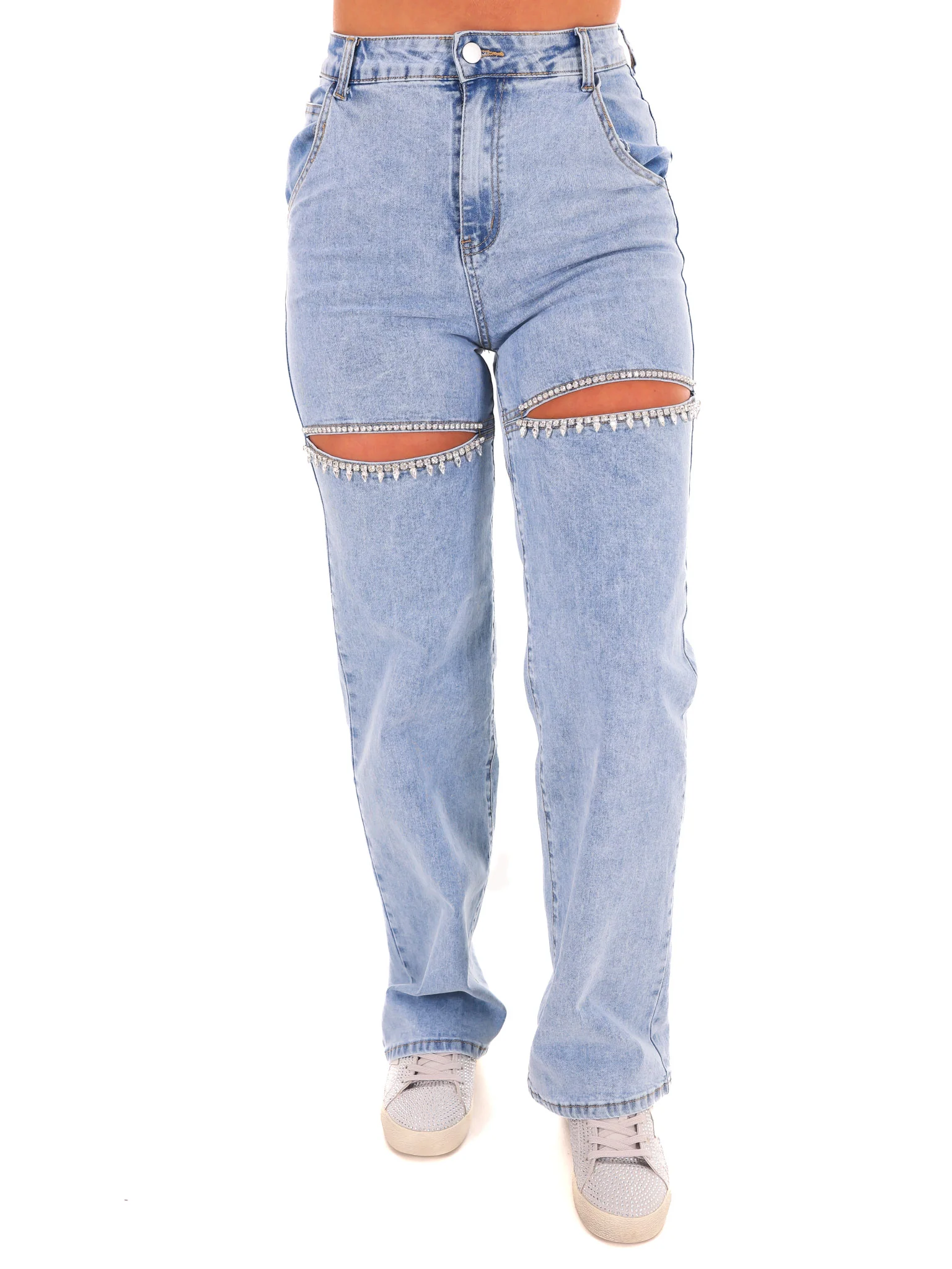 Rhinestone Studded Cut Out Jeans - Image 7