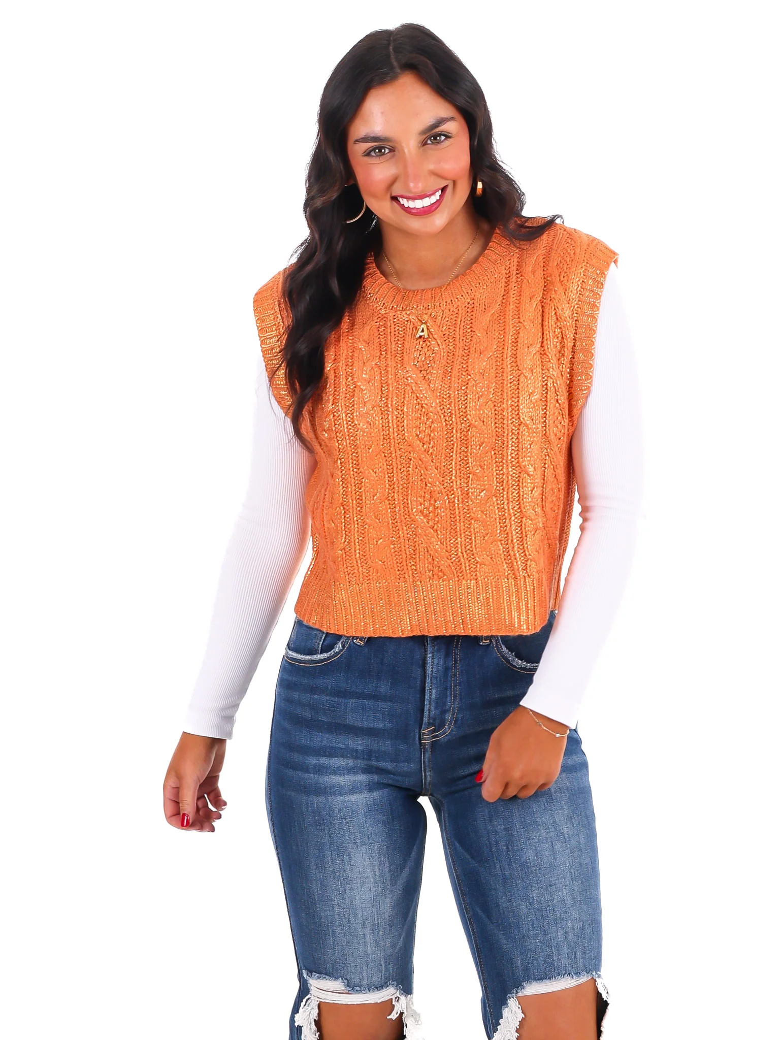 Shimmer Stitch Cable Knit Sweater Vest - Image 3
