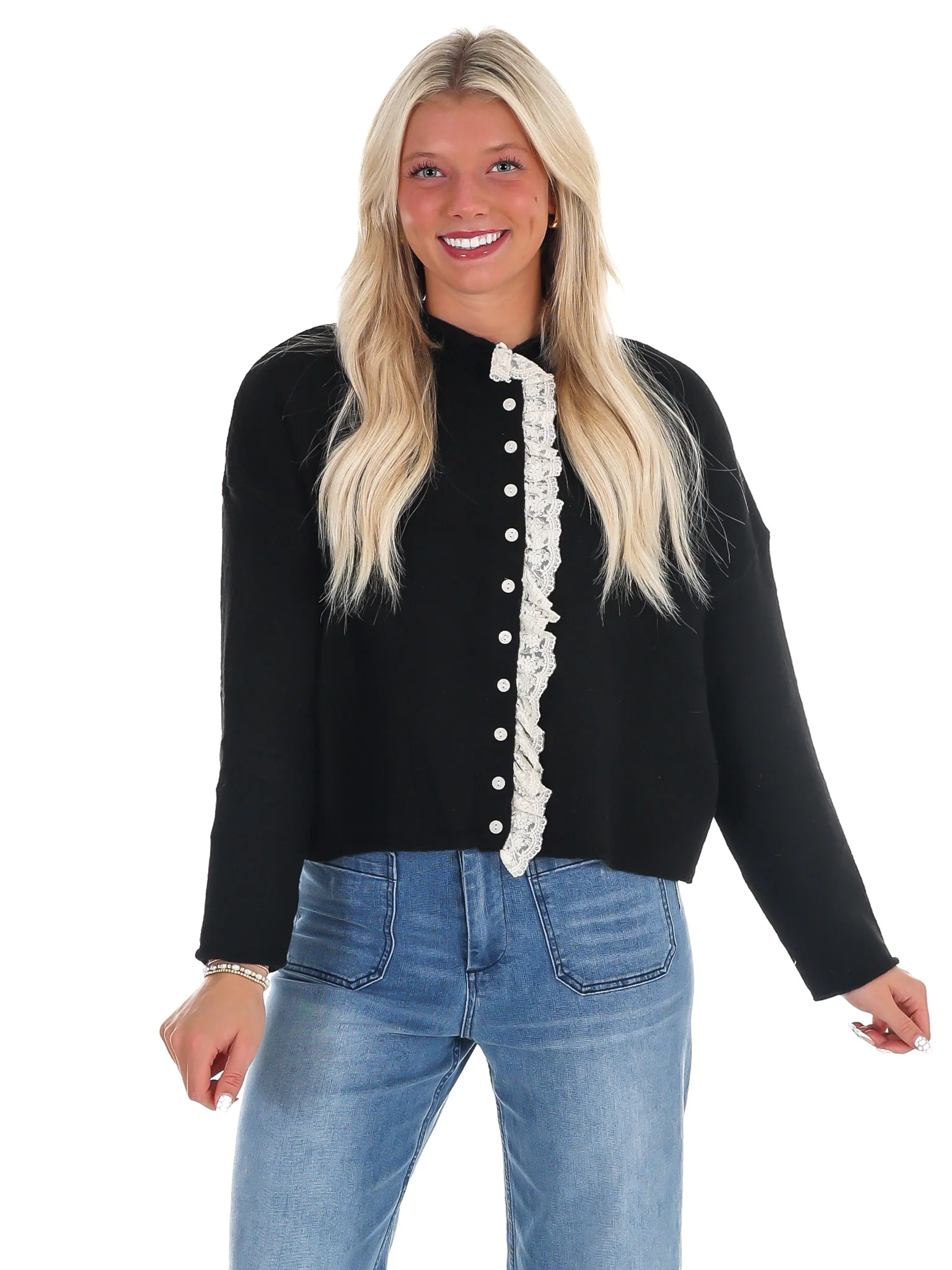 Softly Woven Lace Trim Cardigan - Image 3