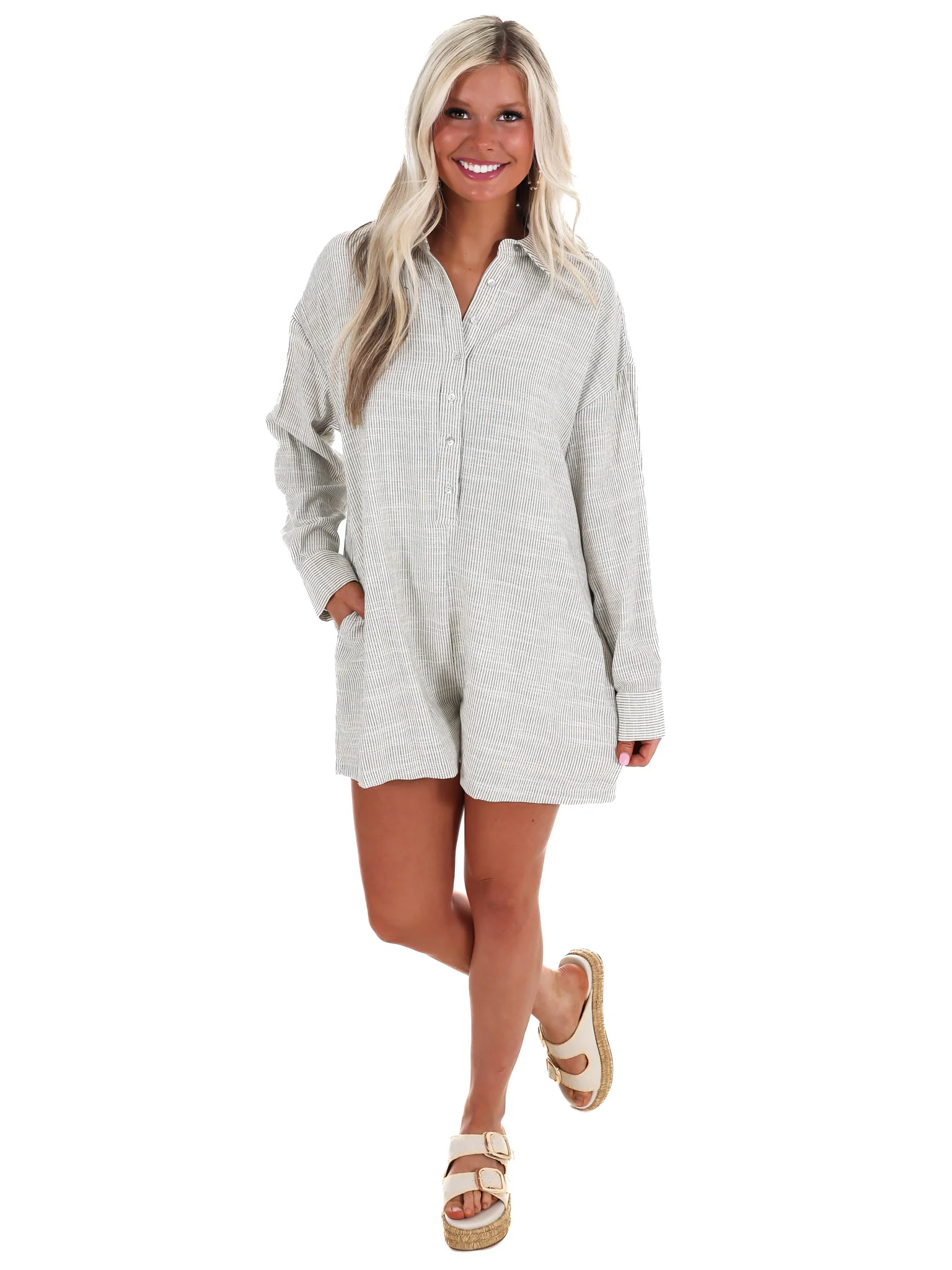 Spending Time Striped Linen Romper - Image 6