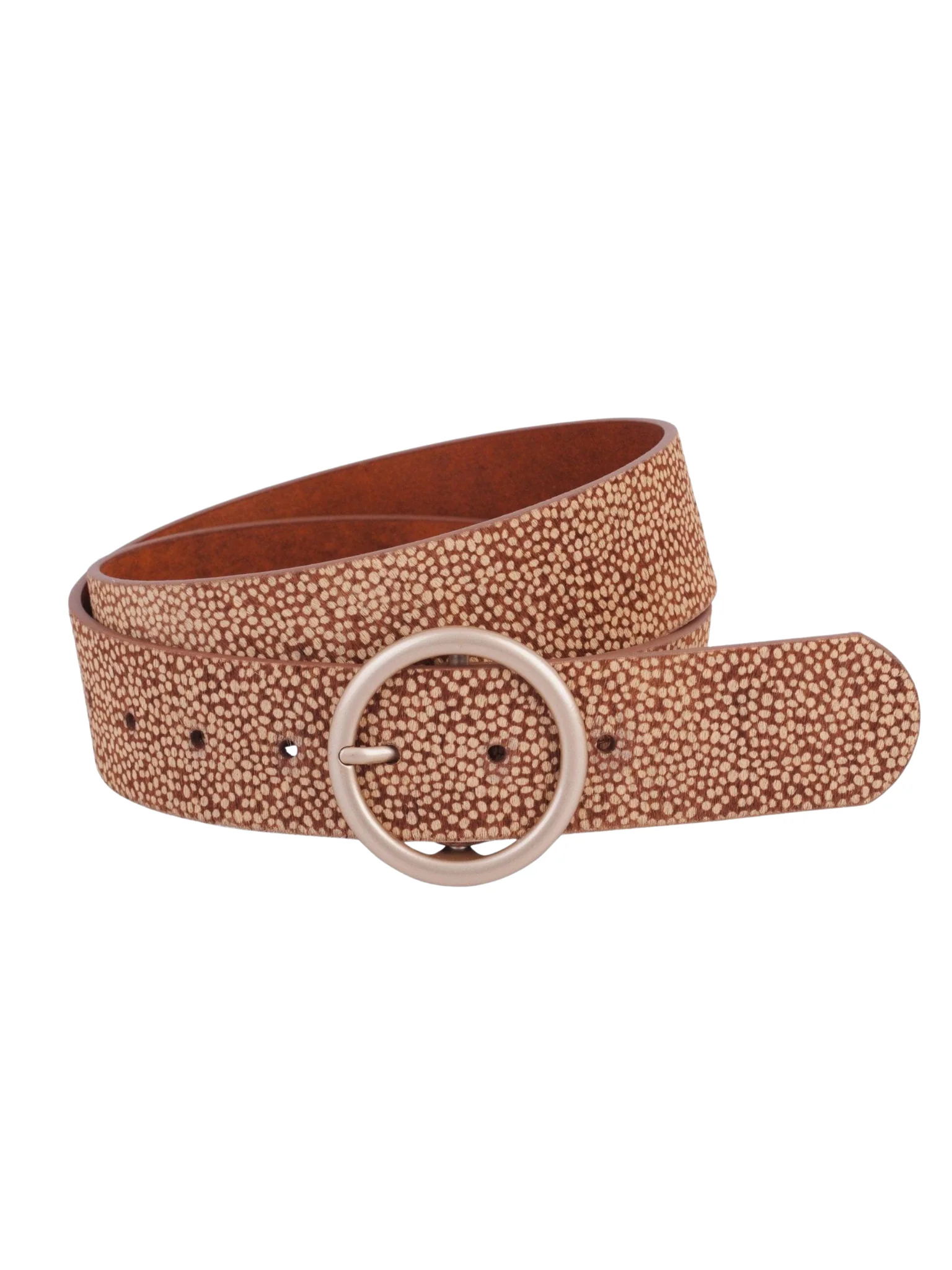 Spotted Calf Hair Belt with Rose Gold Circle Buckle