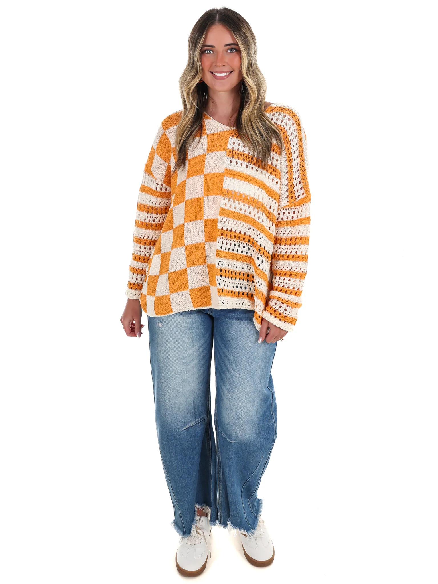 Stripe & Check Crochet Sweater - Image 2