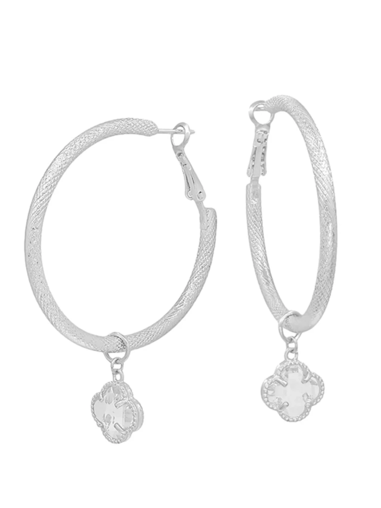 Texture Metal Hoop with Clover Crystal Earring - Image 2