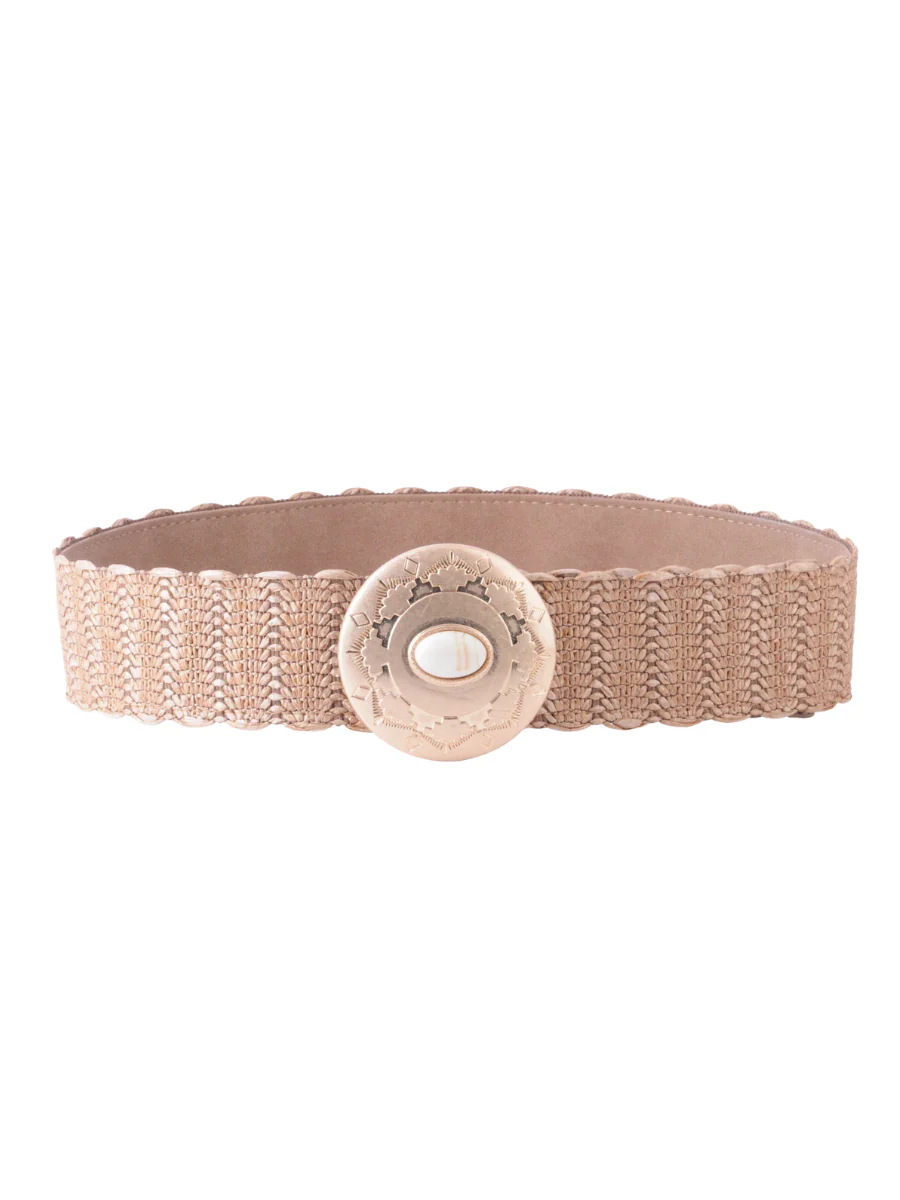 Textured Raffia Belt with Engraved Pearl Buckle