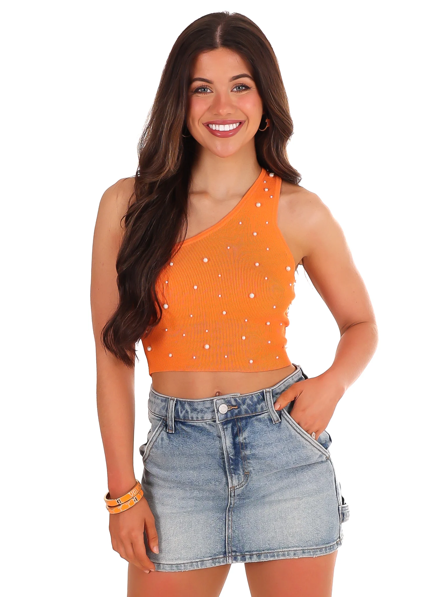 Through the T One Shoulder Pearl Crop Top - Image 8