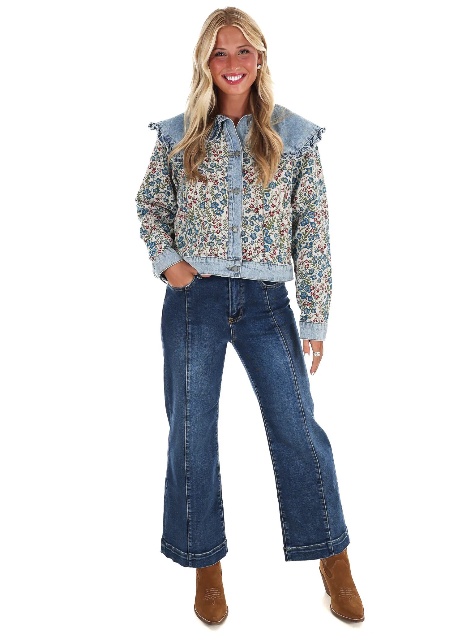 Vintage Finds Floral Ruffle Denim Jacket - Image 2