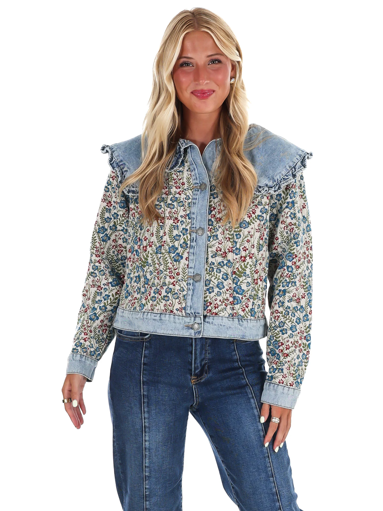 Vintage Finds Floral Ruffle Denim Jacket - Image 3
