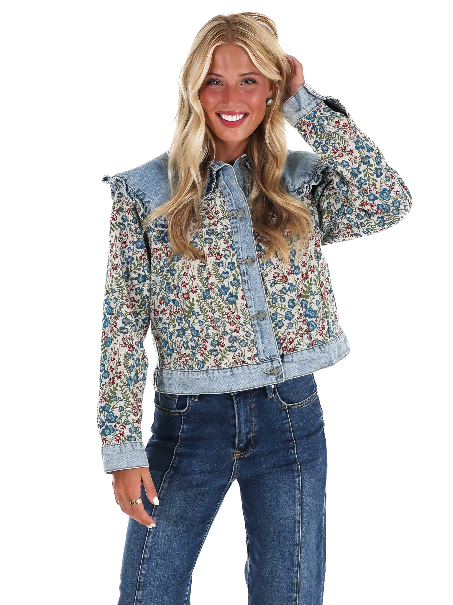 Vintage Finds Floral Ruffle Denim Jacket - Image 7