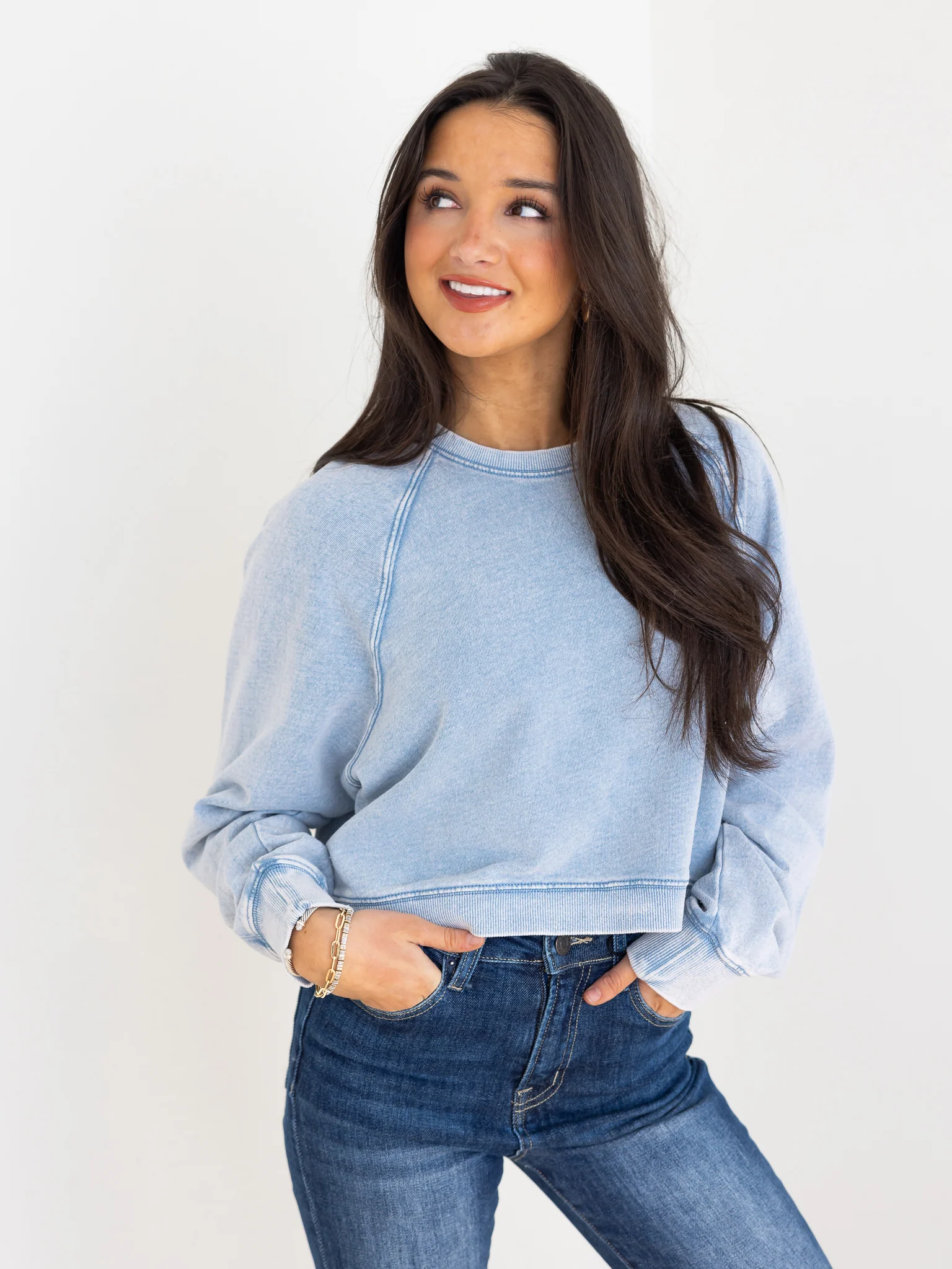 Z Supply Crop Out Knit Denim Sweatshirt - Image 6